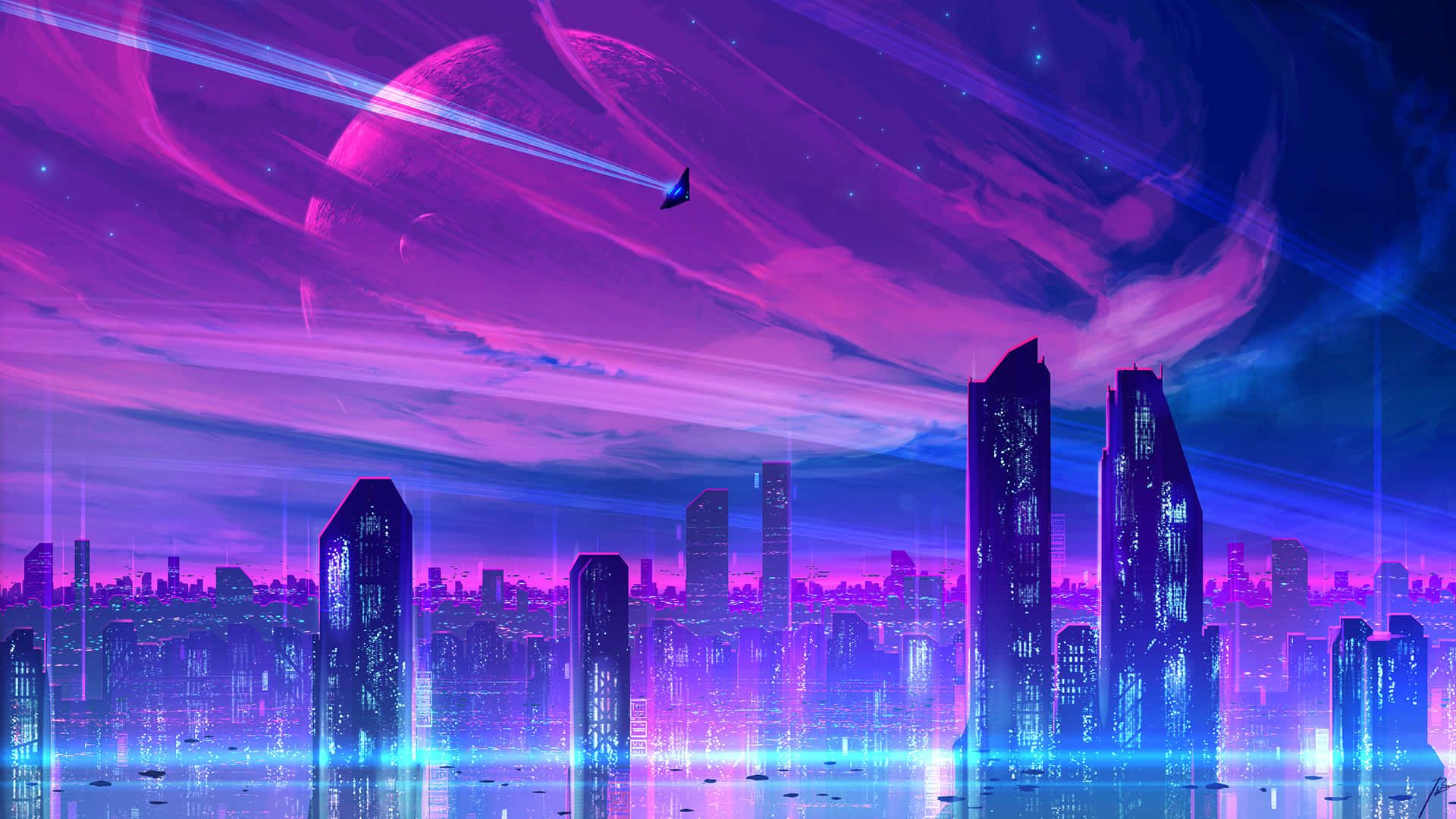 Download Synthwave City With Purple Sky Wallpaper