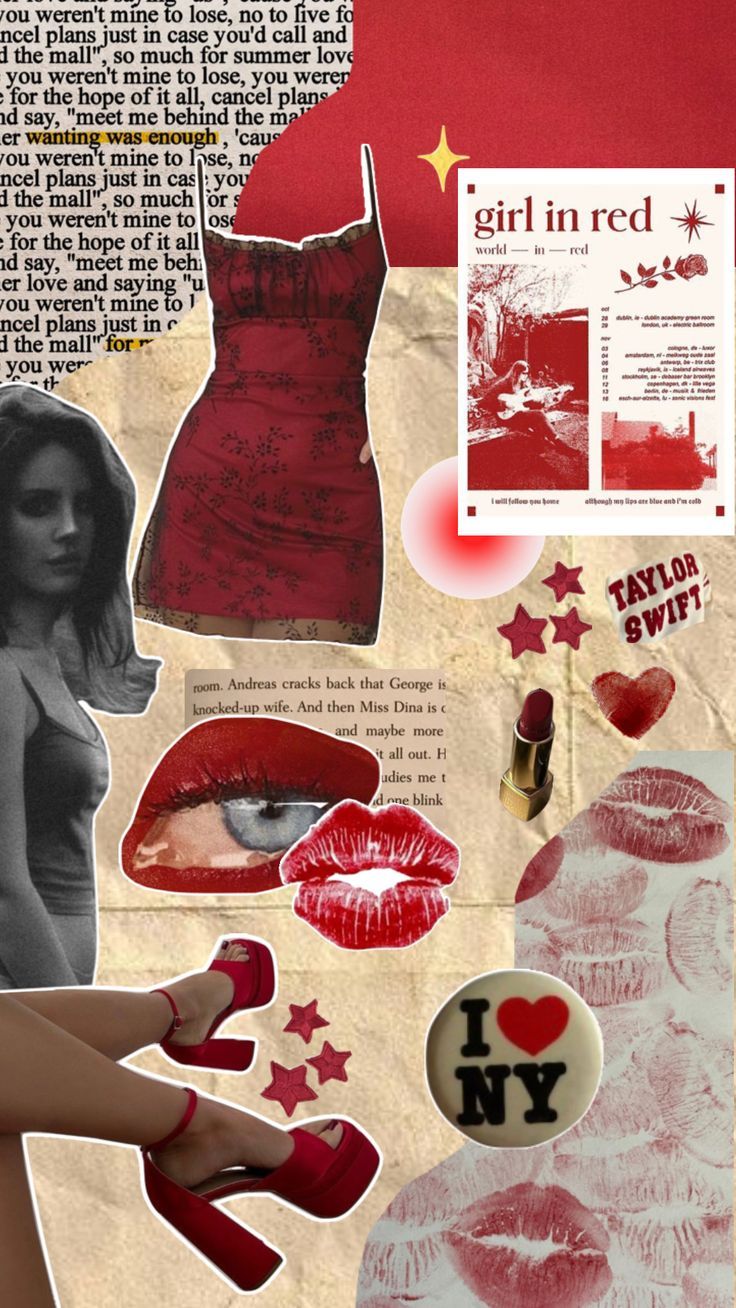 A collage of red items including a dress, lipstick, and a button that says 