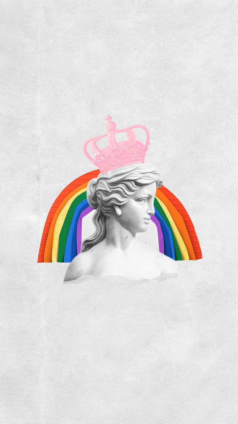 A digital collage of a statue head with a rainbow and a pink crown - Greek mythology, Greek statue, statue