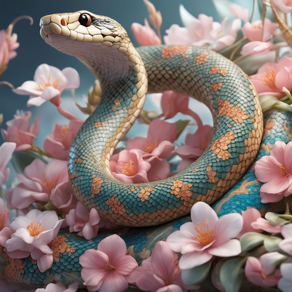 A snake with blue, yellow and pink scales, winding through pink flowers. - Snake