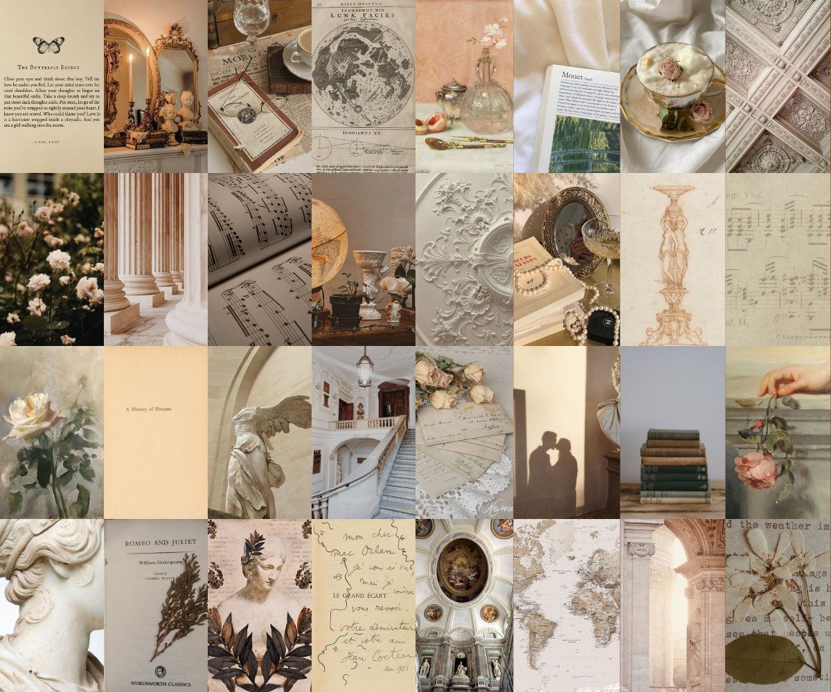 A collage of images including books, flowers, and an old photo of a couple. - Light academia