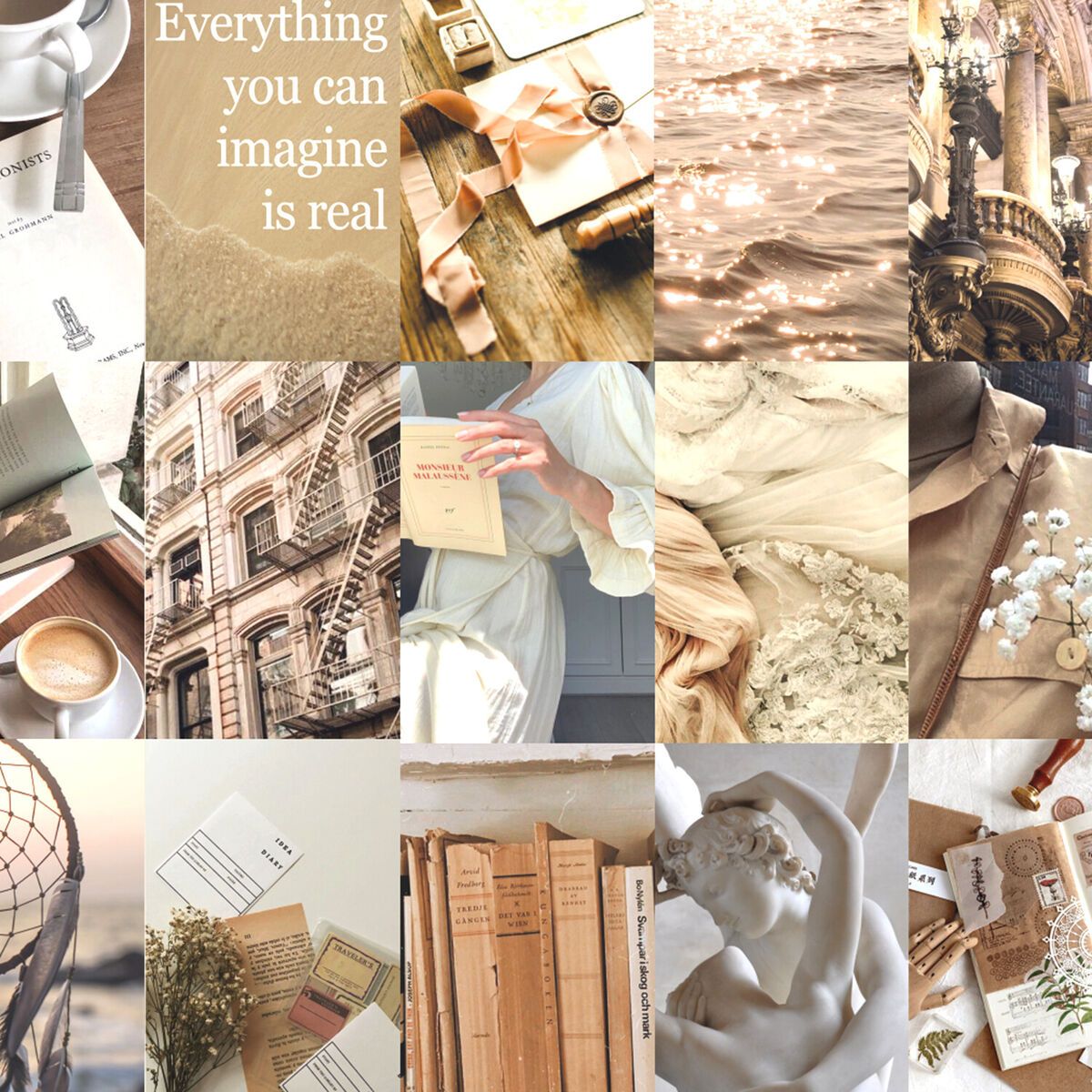 A collage of photos including books, a city, a beach, and a coffee cup. - Light academia