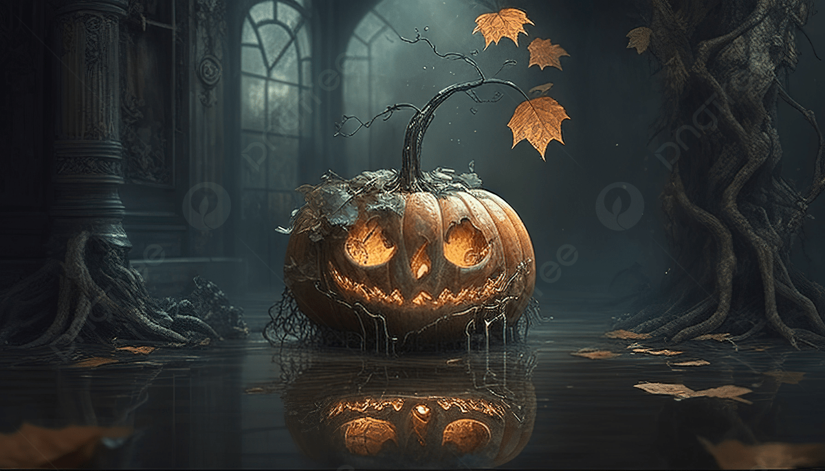 Halloween pumpkin in a dark and foggy forest - Halloween desktop, spooky