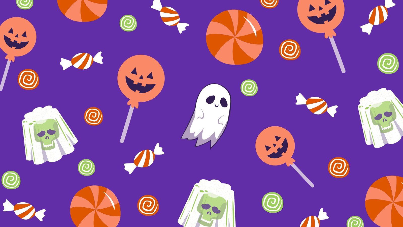A purple background with Halloween candies and ghosts - Halloween desktop