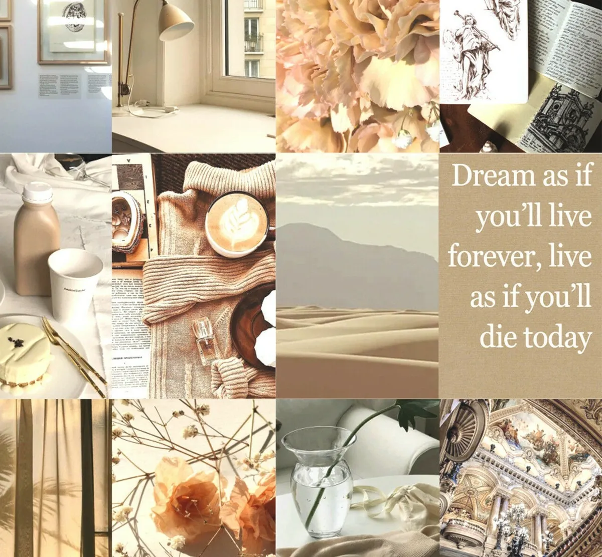 A collage of photos including a cup of coffee, a vase of flowers, a book, and a quote. - Light academia
