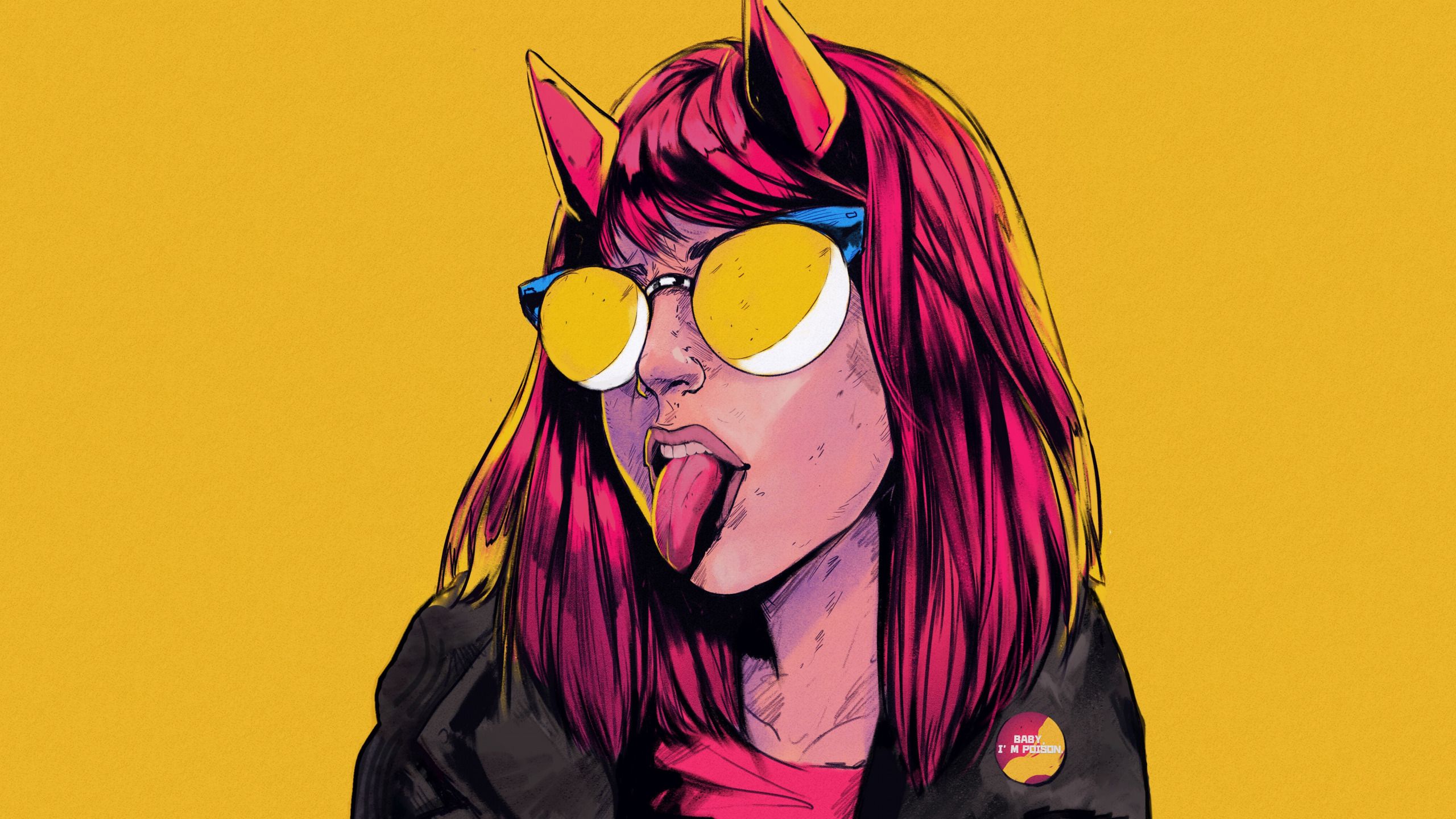 A woman with red hair and horns sticks her tongue out while wearing round sunglasses. - 2560x1440