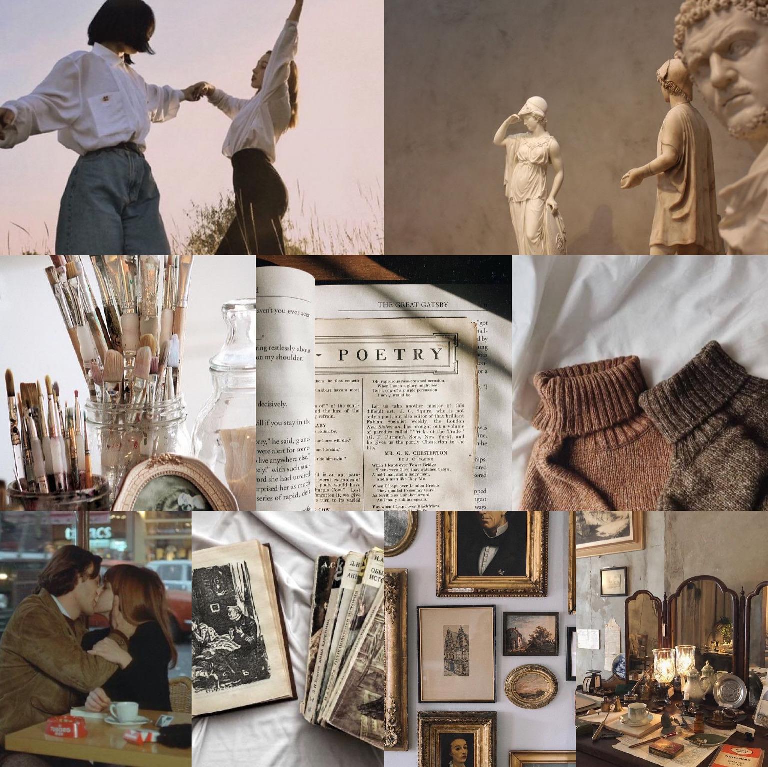 A collage of photos related to light academia. - Light academia