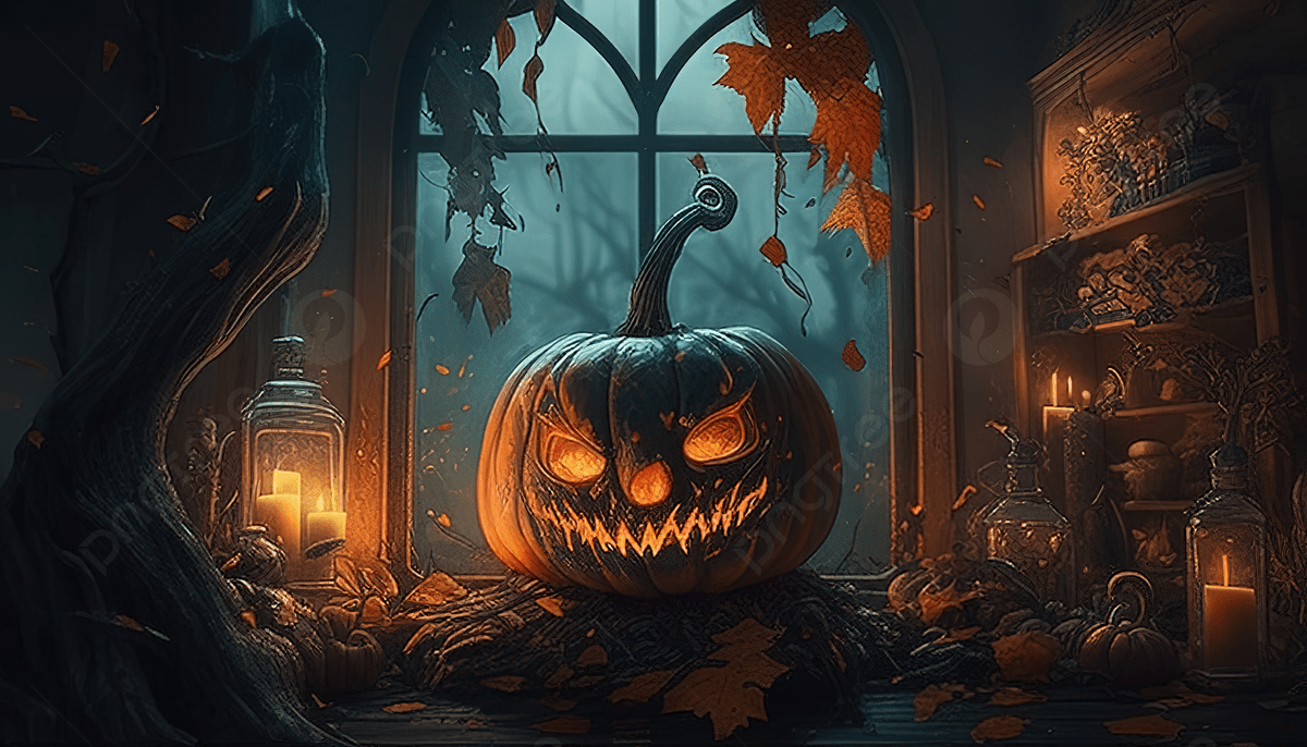 A pumpkin with a face on it in front of a window. - Halloween desktop