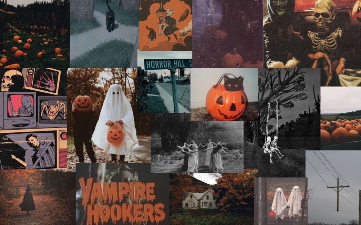 A collage of Halloween themed images including pumpkins, ghosts, and vampire hookers - Halloween desktop