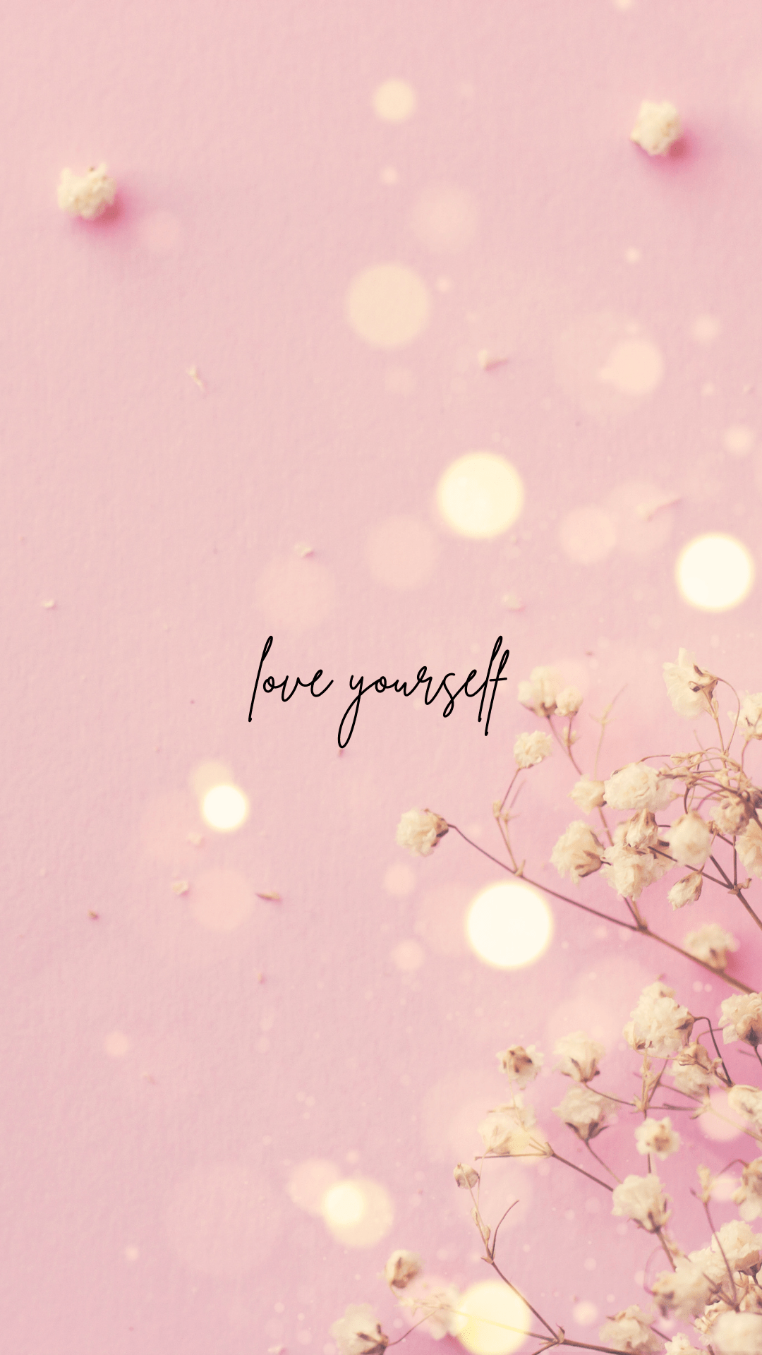 A pink background with small white flowers and the words 