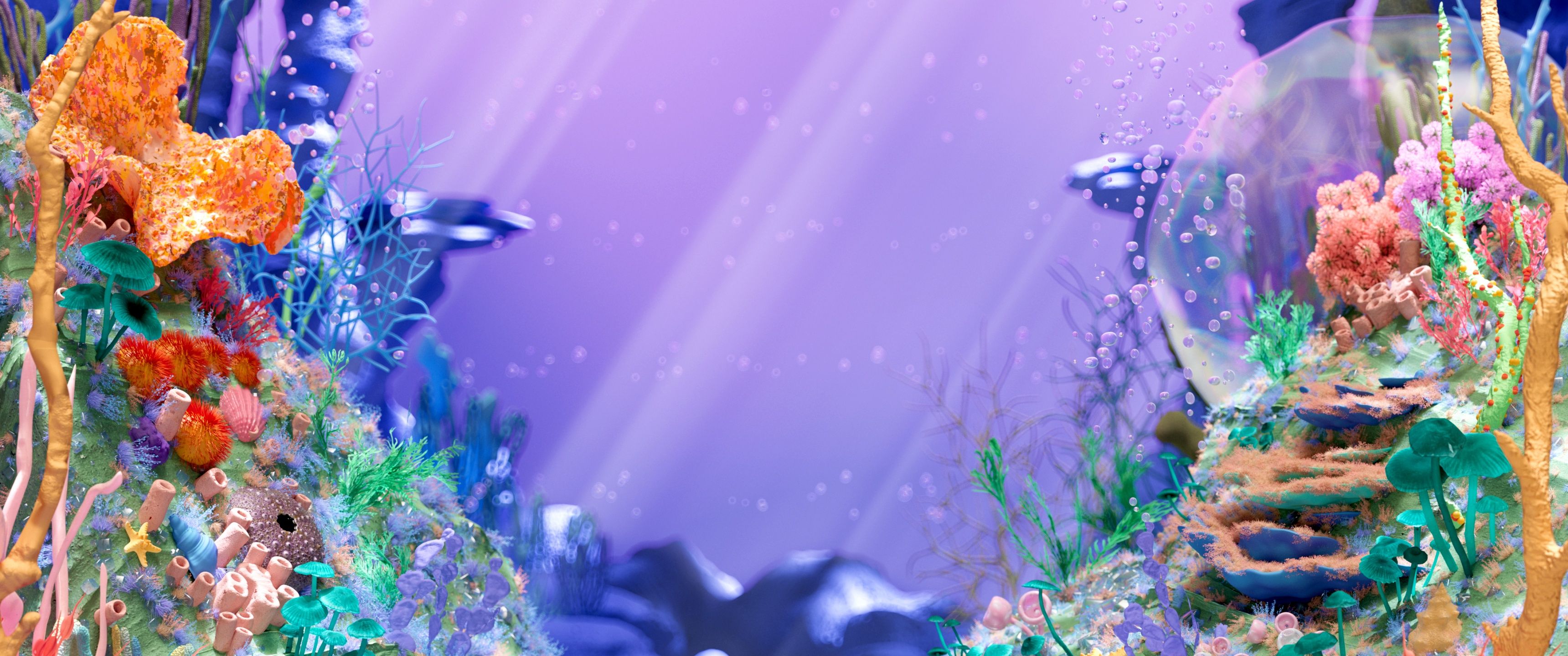 A fish tank with a purple background - 3440x1440, underwater