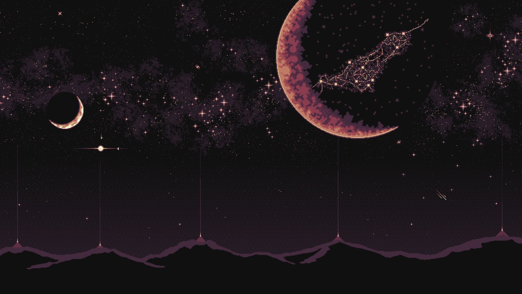 Download wallpaper 2048x1152 pixel art, dark sky, planets, fantasy, silhouette, art, dual wide 2048x1152 HD background, 26676