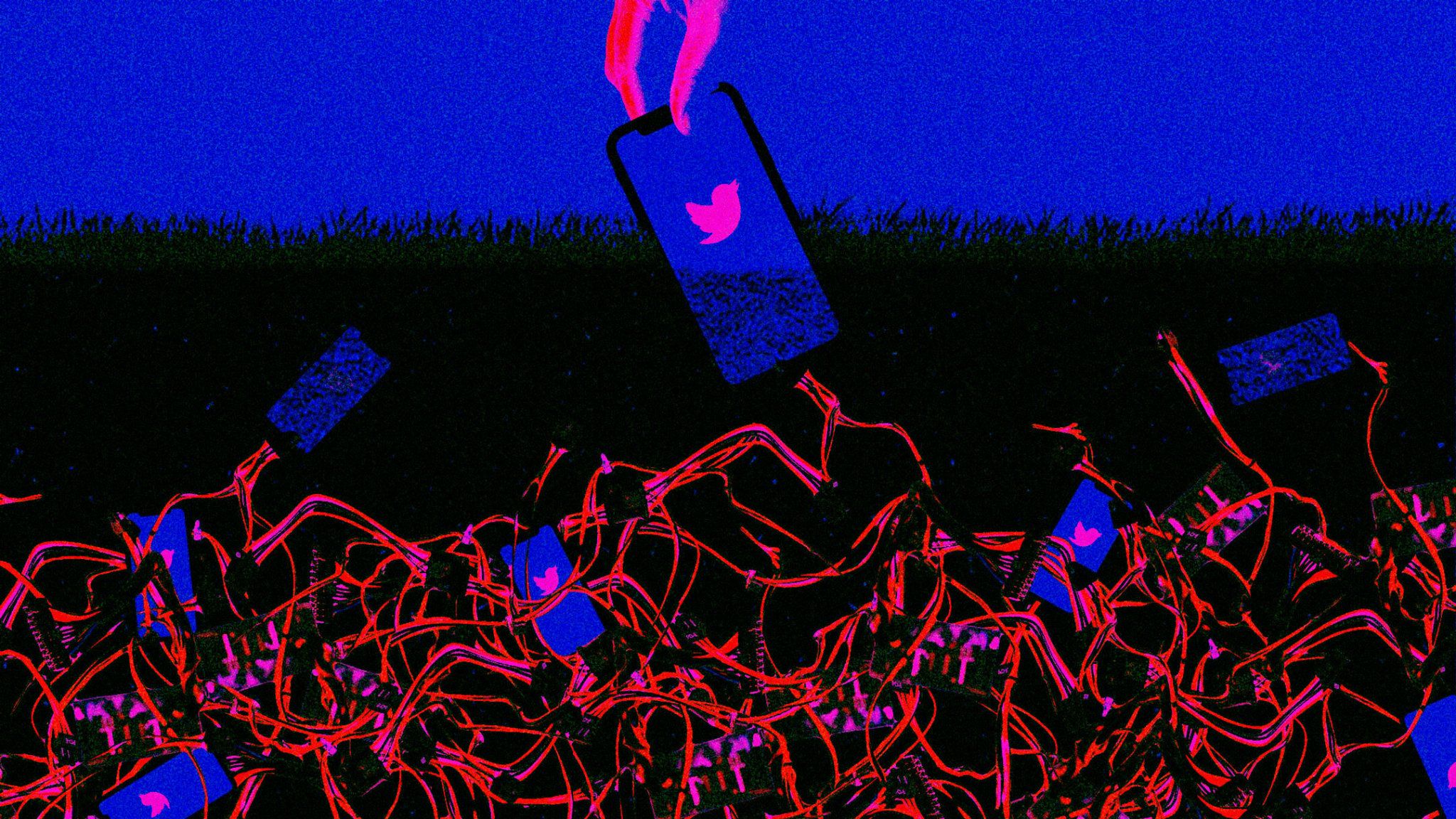 A field of Twitter users holding phones with the Twitter bird on fire - 2048x1152