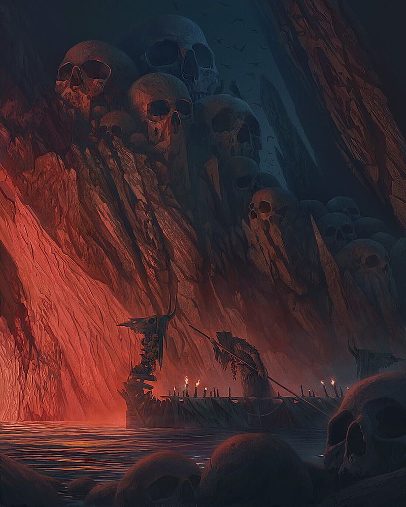 A ship with a candlelit mast is sailing through a sea of red liquid, surrounded by giant skulls - Hades