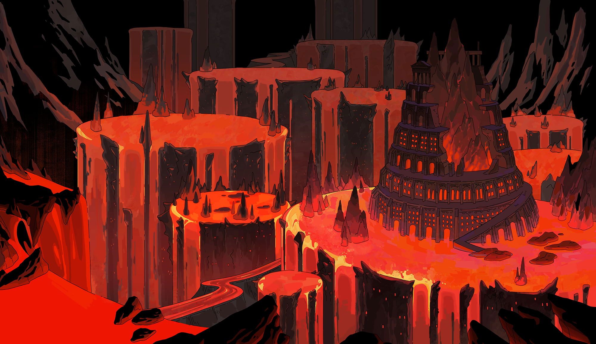 A castle made of lava sits atop a mountain of lava. - Hades