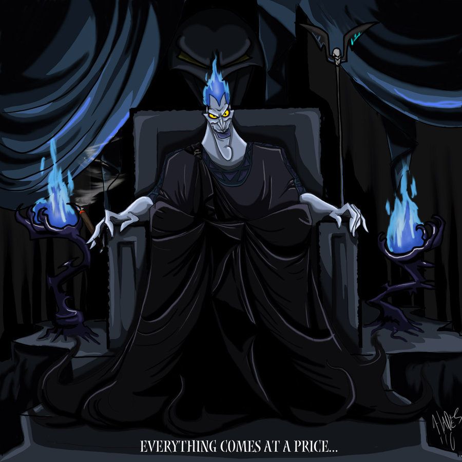 A color illustration of Hades, the Greek god of the underworld, sitting on a throne with a staff in his hand. - Hades