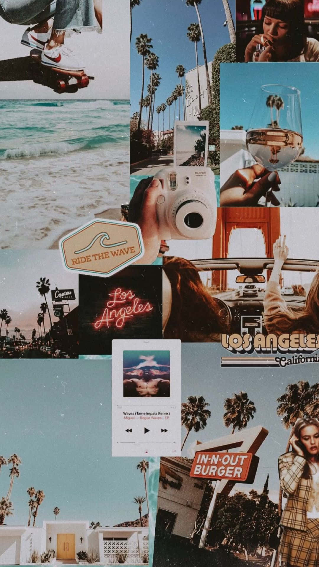 A collage of pictures including the ocean, a girl, a camera, palm trees, a sign that says 