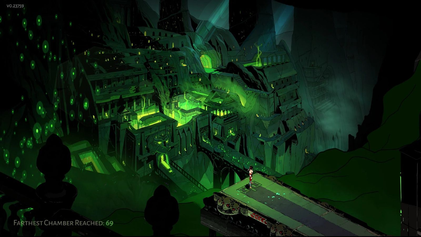 The player character stands on a platform in a dark, futuristic city, surrounded by glowing green lights. - Hades