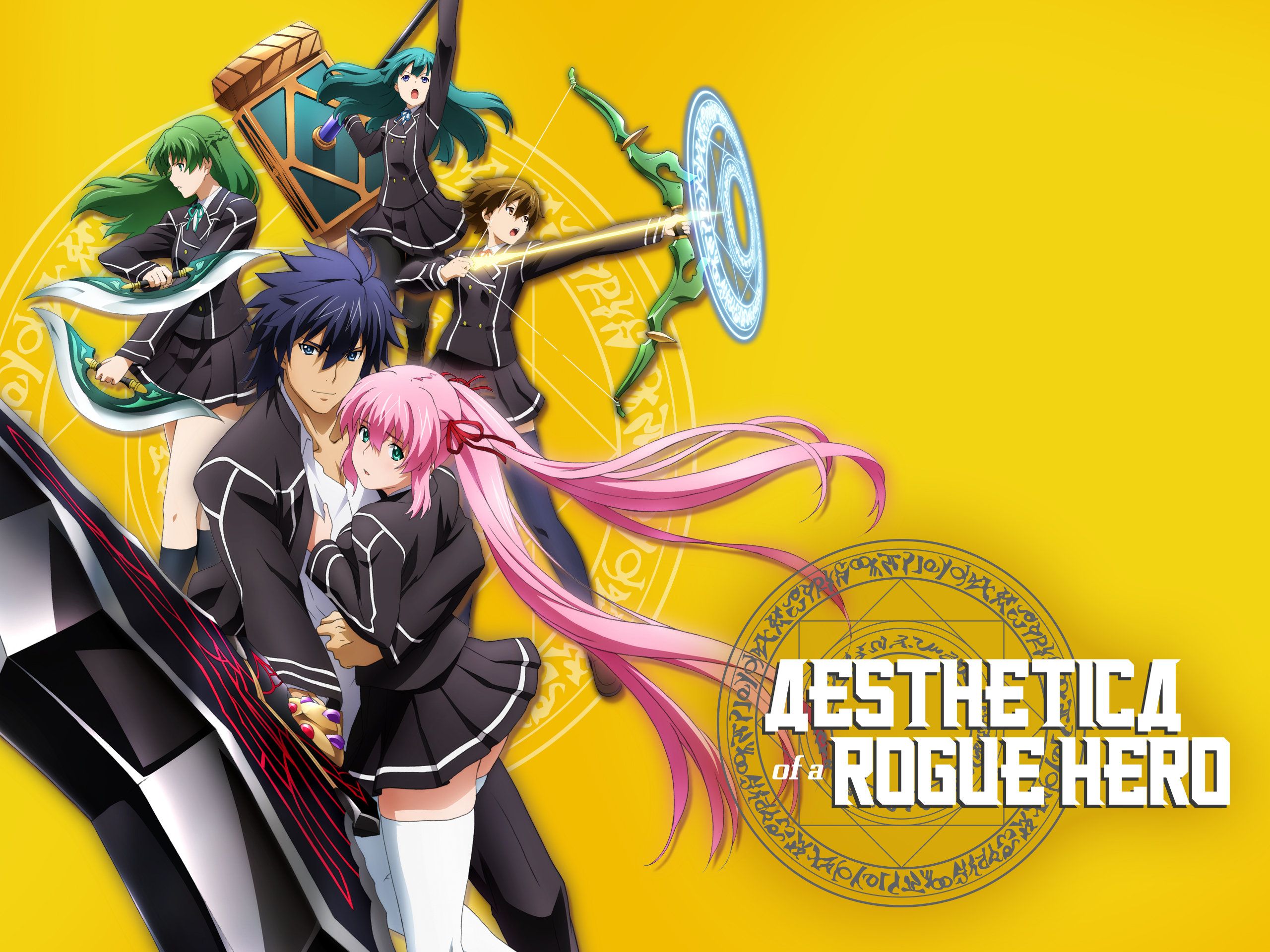 Aesthetic of a Rogue Hero anime key visual featuring the main characters in front of a yellow background - Aesthetica of a Rogue Hero