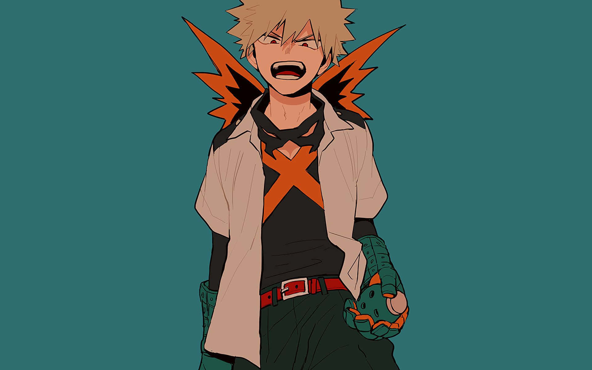 Midoriya from My Hero Academia with his arms crossed and a green background - Bakugo