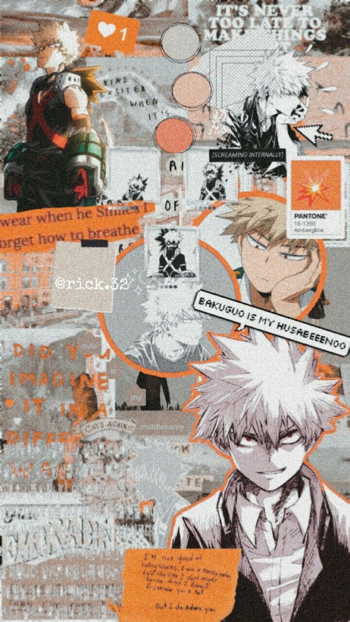 Collage of anime characters with orange and grey hues - Bakugo
