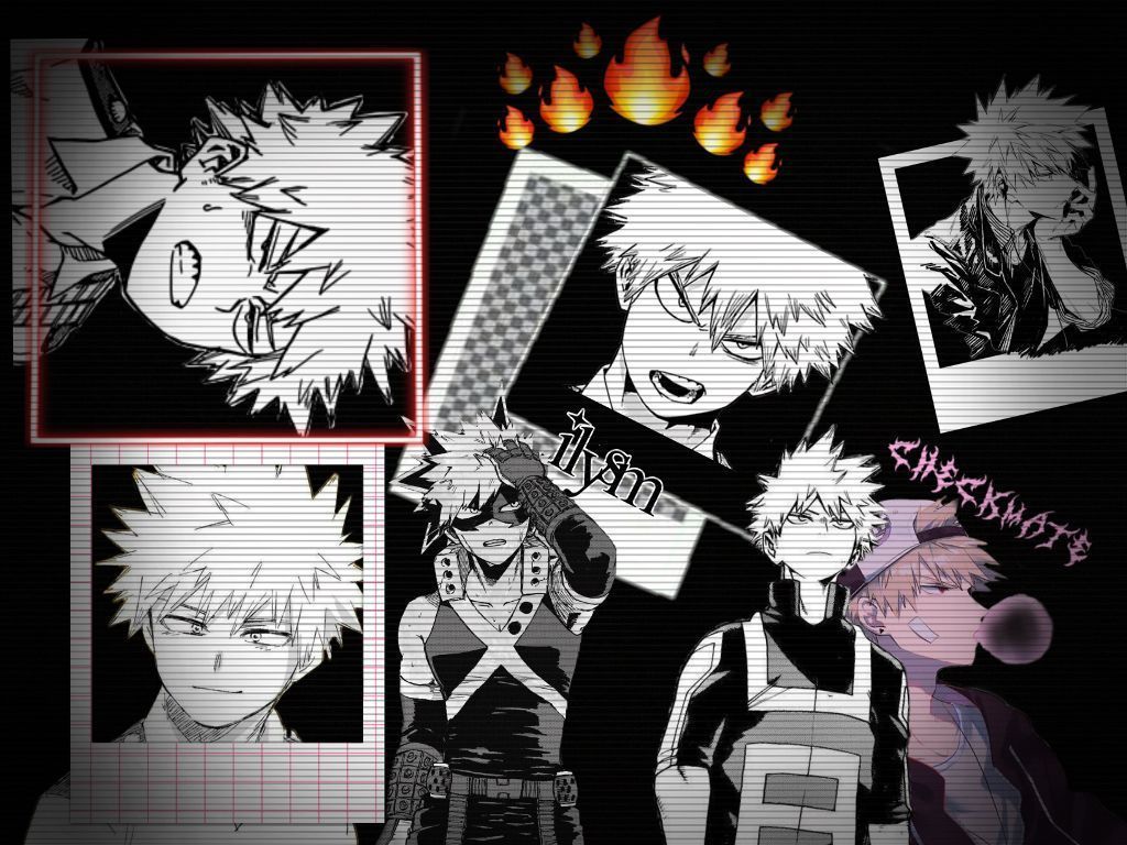 A black background with a collage of images of Jujutsu Kaisen characters in black and white - Bakugo