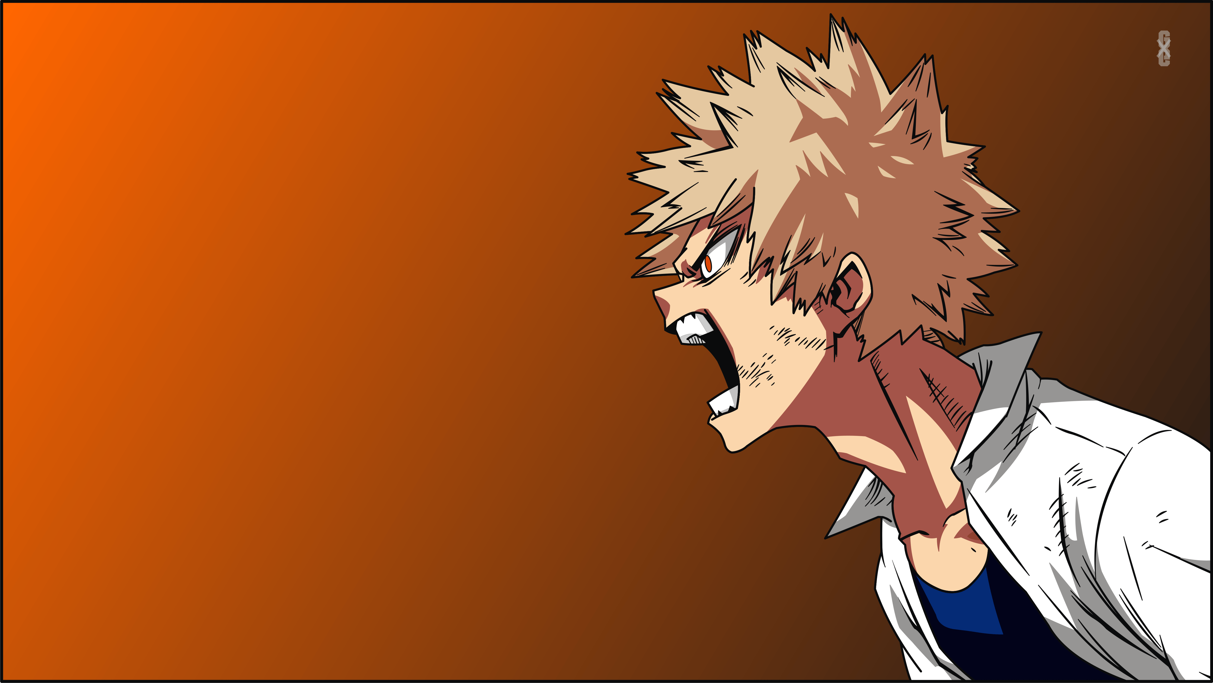 Boku no Hero Academia wallpaper featuring Bakugo in a blue shirt and white jacket with his mouth open in anger - Bakugo