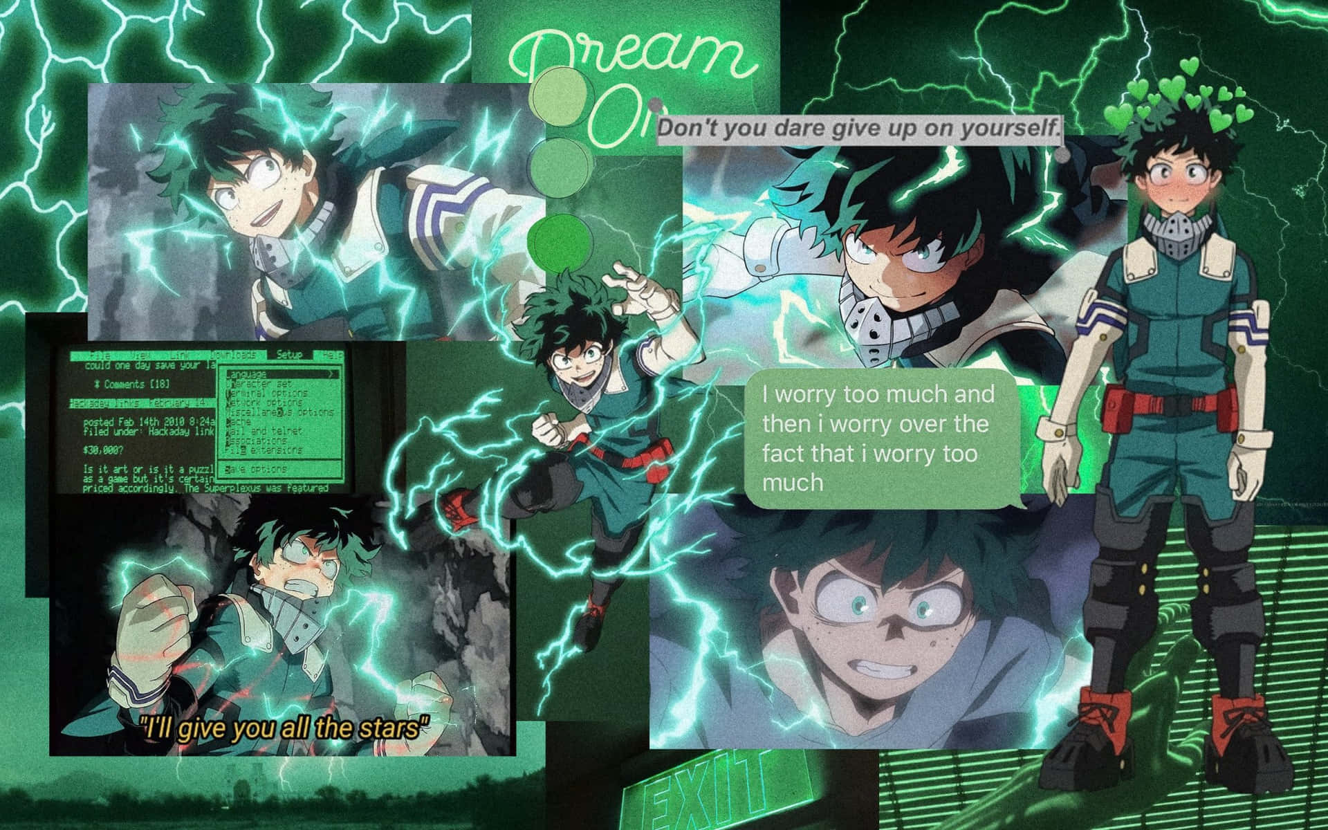 Collage of images of Midoriya from My Hero Academia, with a green aesthetic - Deku
