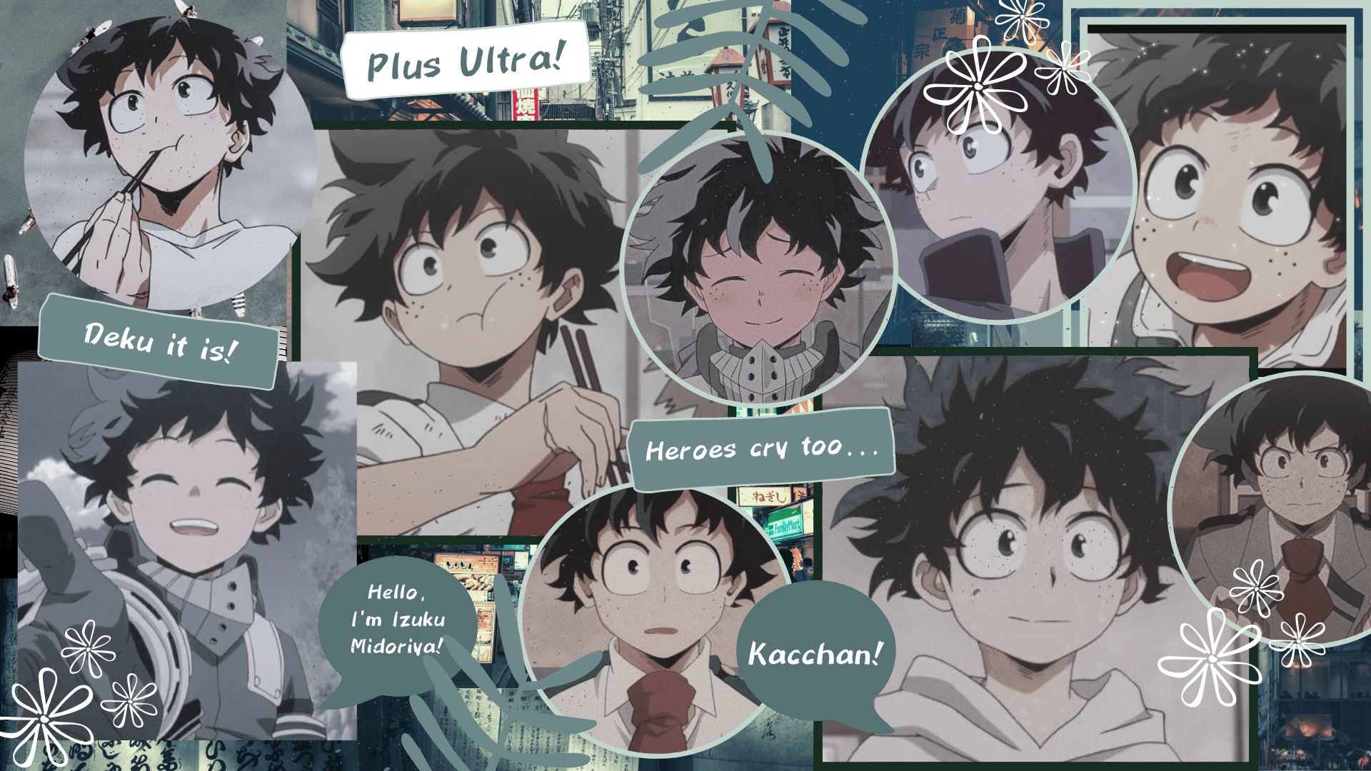 Collage of Midoriya's various expressions from the anime My Hero Academia - Deku