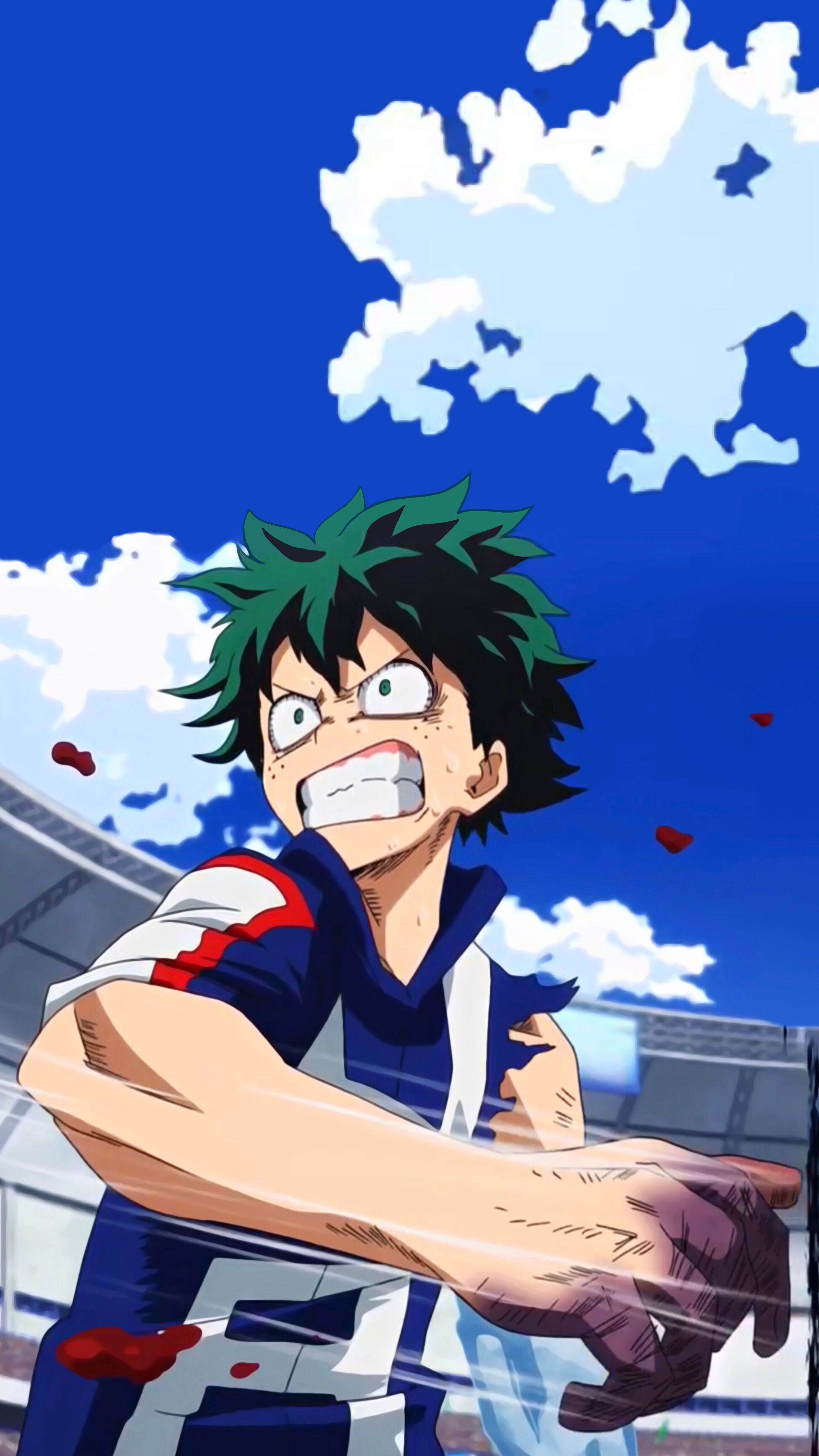 My Hero Academia wallpaper with the character Izuku Midoriya, also known as All Might, holding a red quirk symbol on his fist. The background is a blue sky with white clouds. - Deku