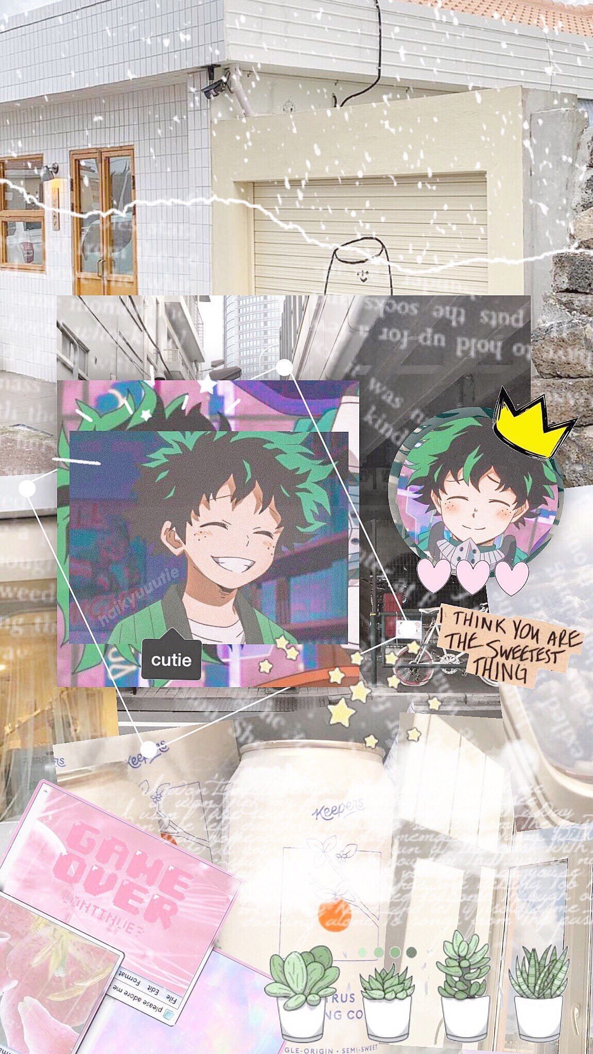 Aesthetic background with anime characters and stickers. - Deku