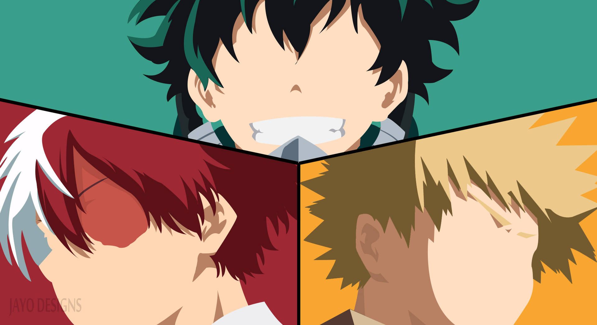My Hero Academia wallpaper with the main characters, Midoriya, Bakugo, and Todoroki - Deku