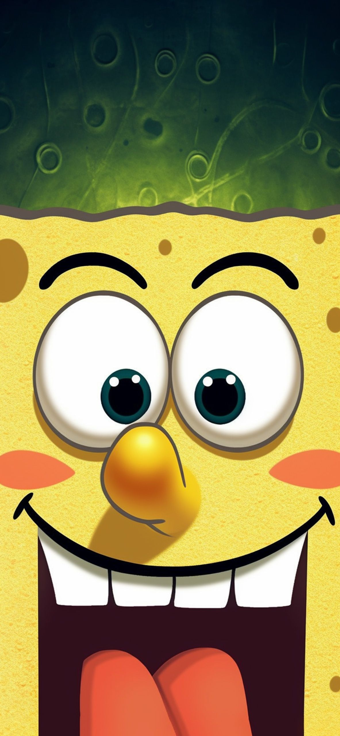 A close up of SpongeBob's face with a green bush on top of his head. - Funny, SpongeBob
