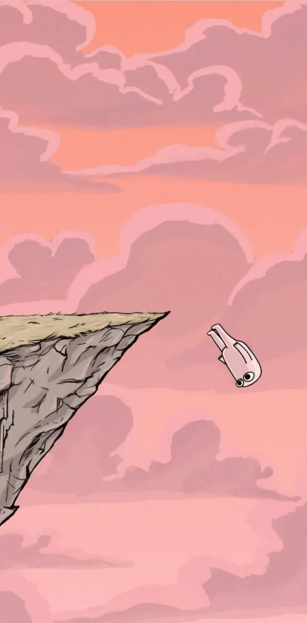 A cartoon pink bunny with a white carrot in its mouth is about to jump off a cliff - Funny
