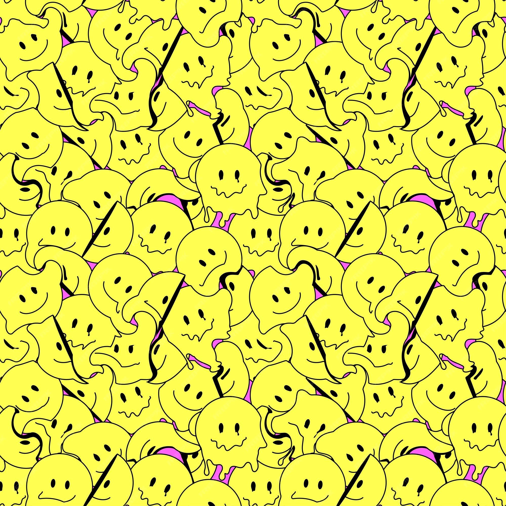 Premium Vector. Funny smile crazy melted face seamless pattern art vector illustration psychedelic retrro graphic positive good vibes smiley faces acid high melt trip wallpaper seamless pattern y2k aesthetic