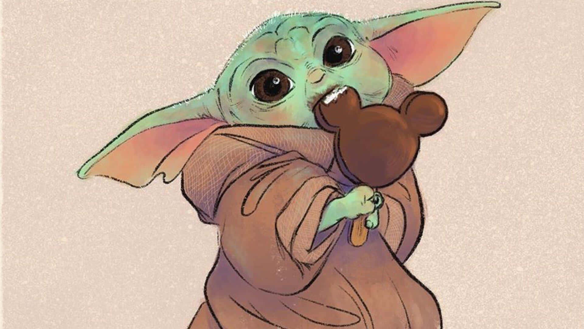 A cute Baby Yoda illustration holding a chocolate ice cream on a stick. - Baby Yoda