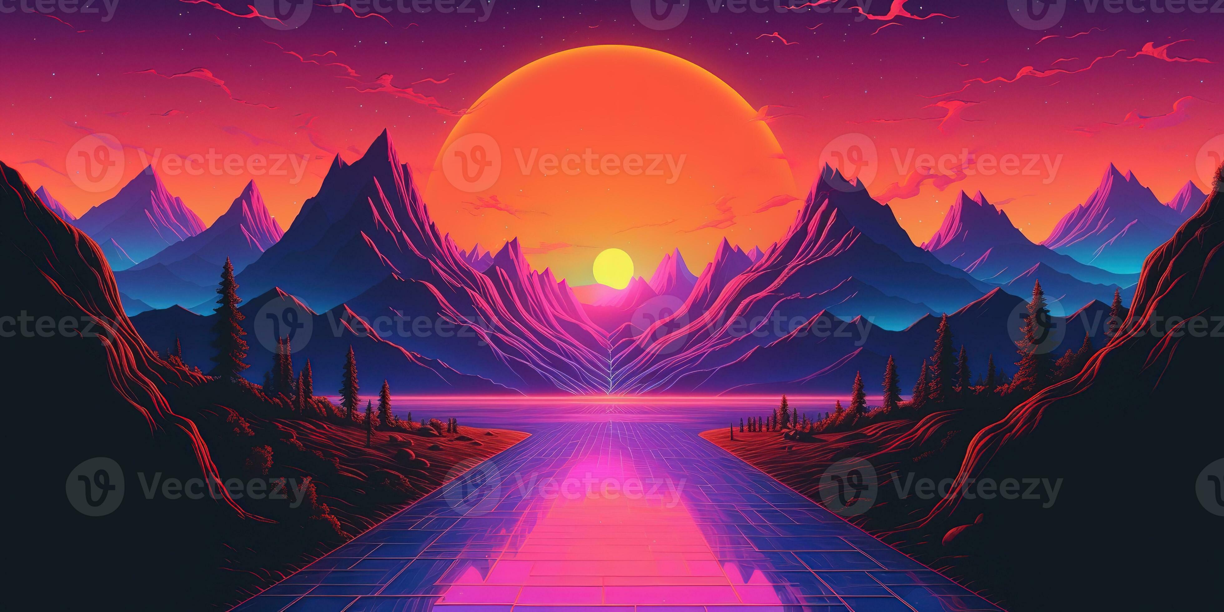 Digital illustration of a sunset in a futuristic landscape - Synthwave