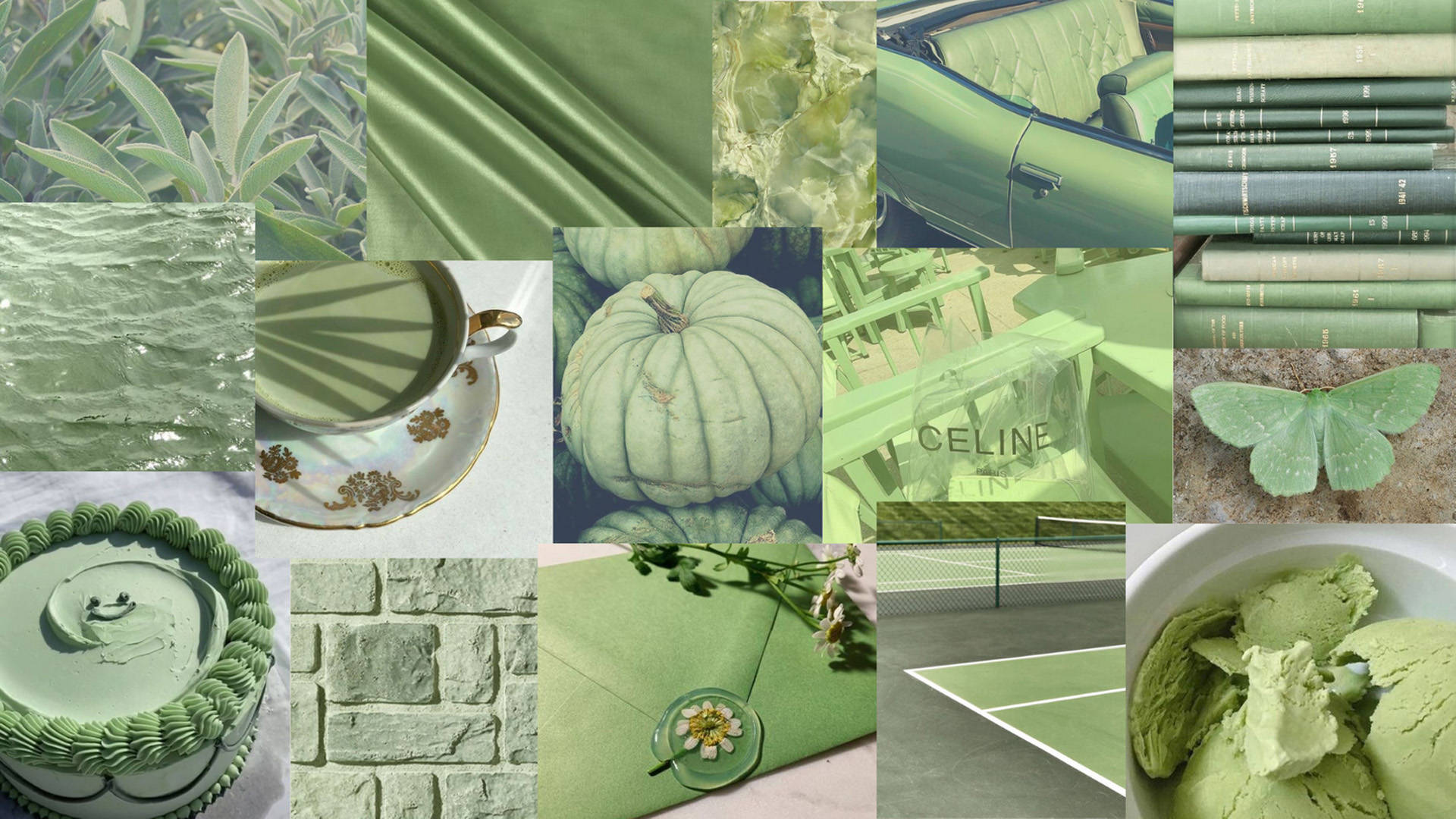 A collage of images in the color green. - Light green, sage green, green, pumpkin, pastel green
