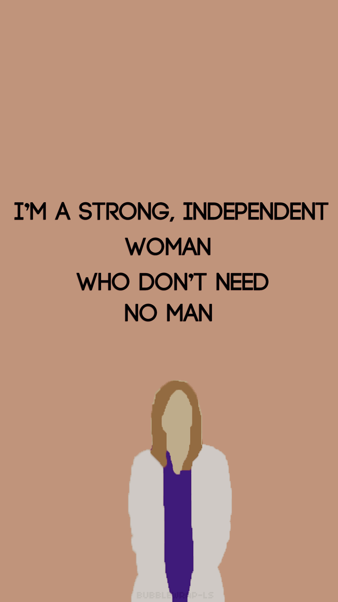 A woman is standing in front of an image with the words i'm strong independent - Grey's Anatomy