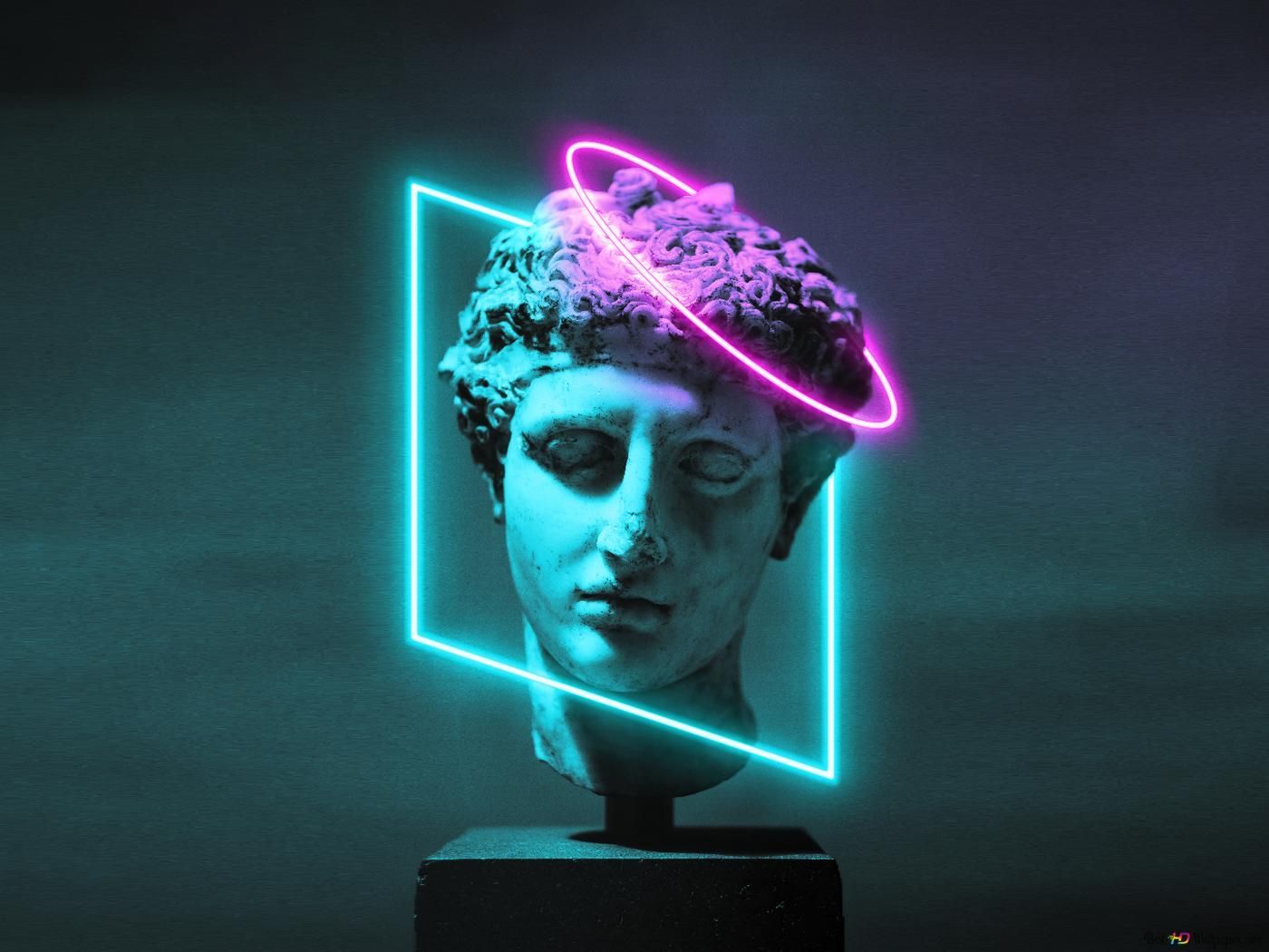 A bust of a man with a neon green and pink light surrounding it - Greek statue