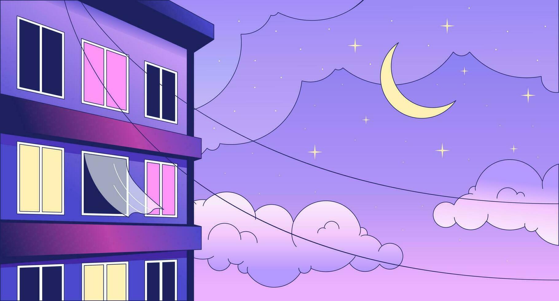 A purple building with pink windows and a crescent moon in the sky - Lo fi, landscape