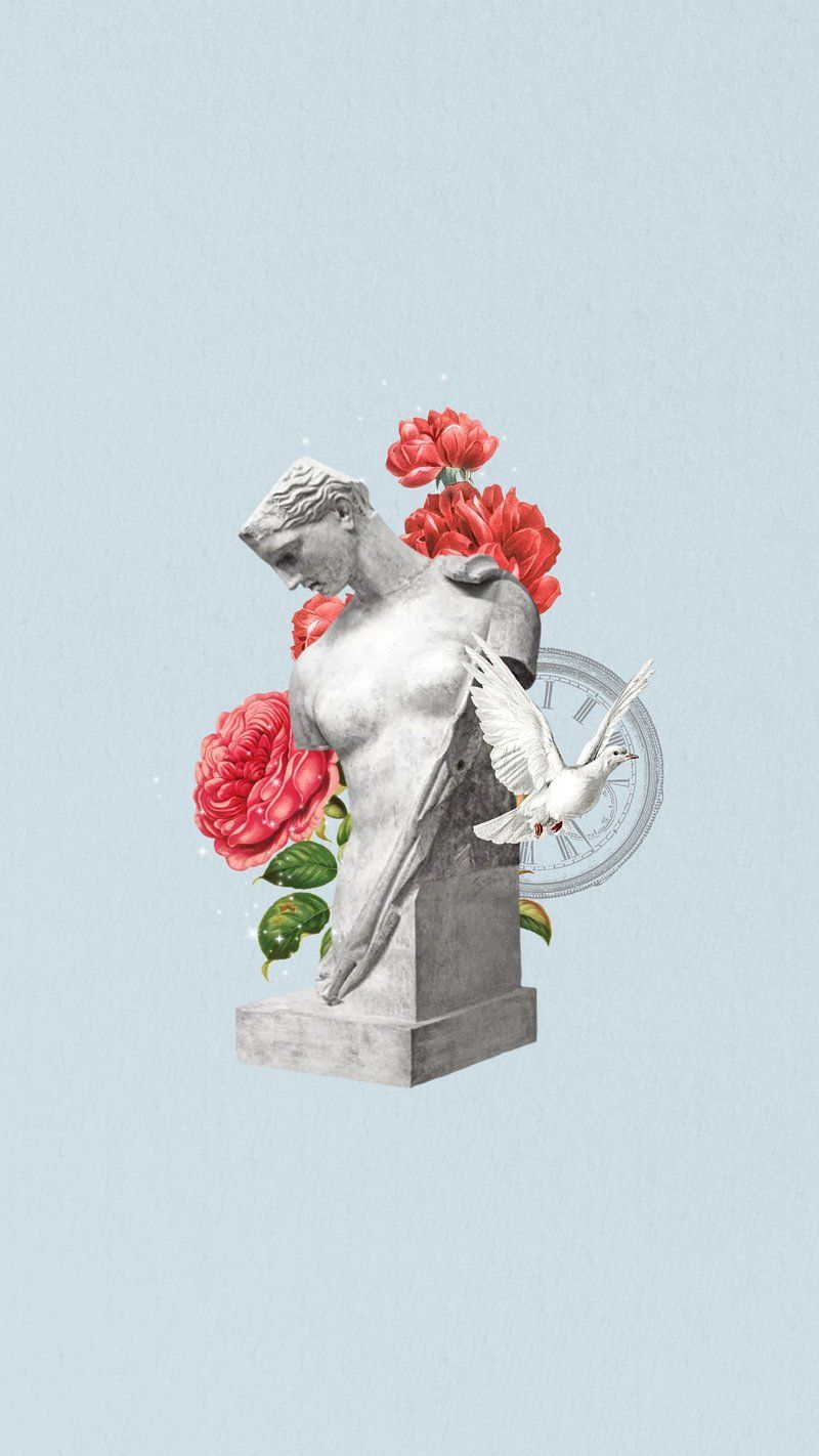 Aesthetic image with a statue of a woman surrounded by roses and a dove. - Greek statue, statue