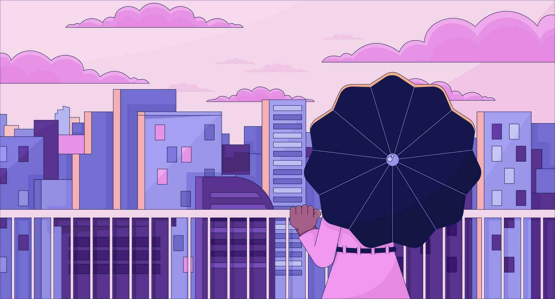 Observation deck lo fi aesthetic wallpaper. Girl on terrace with umbrella looking on city. Sunset 2D vector cartoon cityscape illustration, purple lofi background. 90s retro album art, chill vibes Vector Art