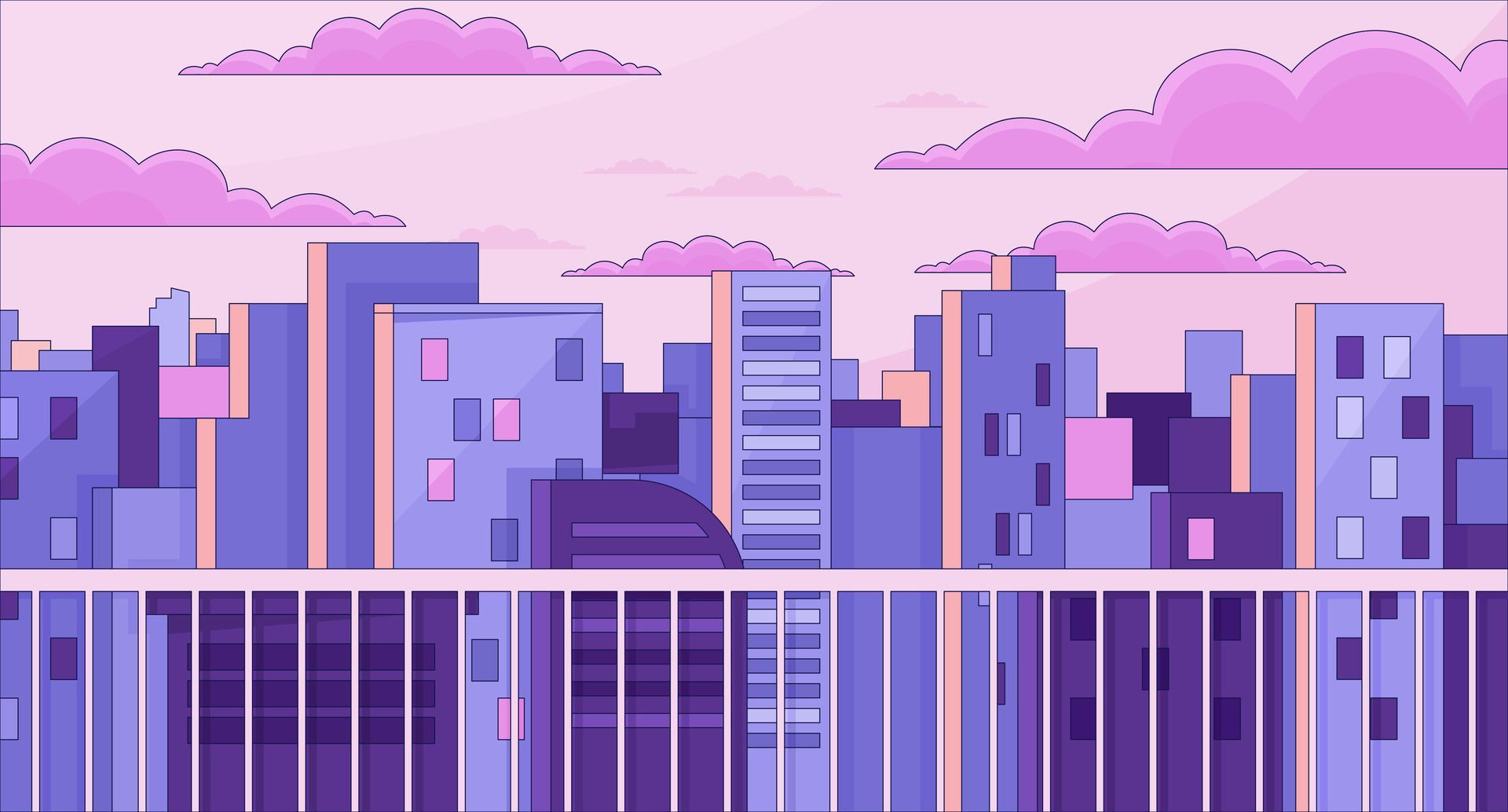 Observation desk chill lo fi background. Open terrace. Looking on view. Buildings 2D vector cartoon cityscape illustration, purple lofi wallpaper desktop. Sunset aesthetic 90s retro art, dreamy vibes Vector Art