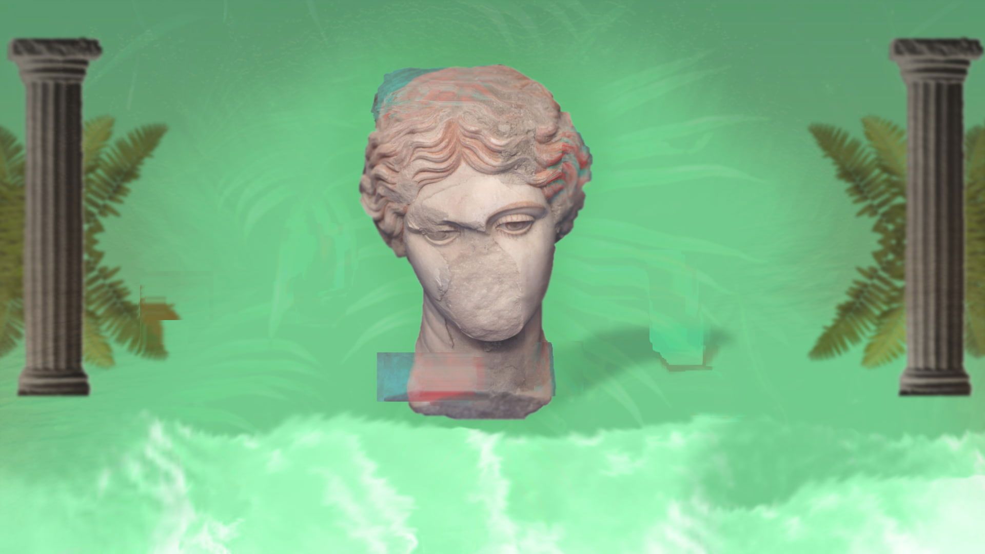 A bust of a man's head on a green background with clouds - Greek statue