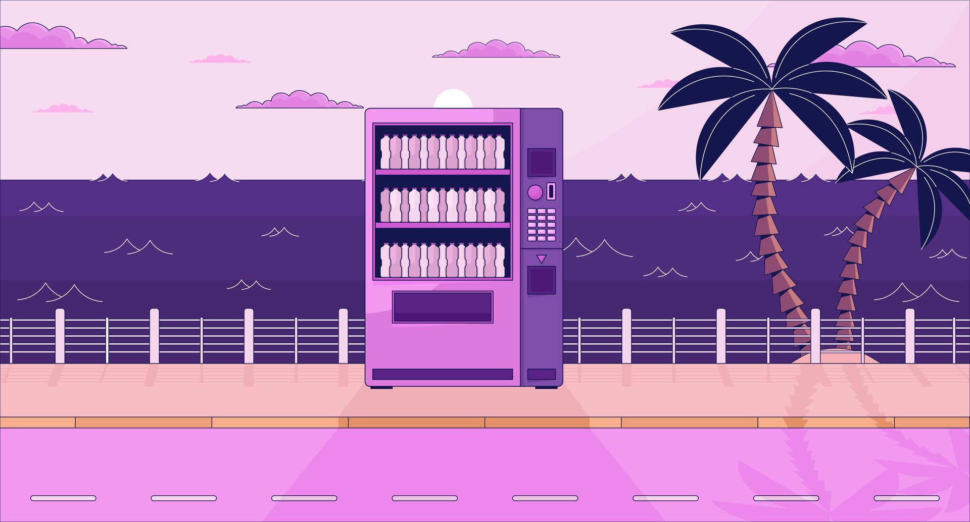 Drink vending machine on dusk waterfront lo fi aesthetic wallpaper. Beverage automat on sundown quay 2D vector cartoon landscape illustration, purple lofi background. 90s retro album art, chill vibes Vector Art