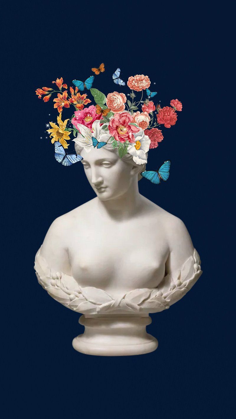 A statue of a woman with flowers and butterflies in her hair - Greek statue, statue