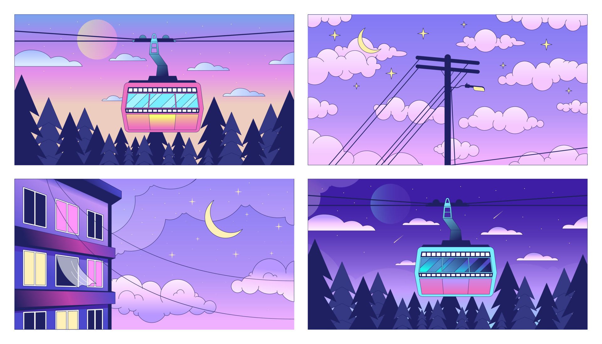 A collection of four illustrations of a cable car at different times of day. - Lo fi, Steven Universe