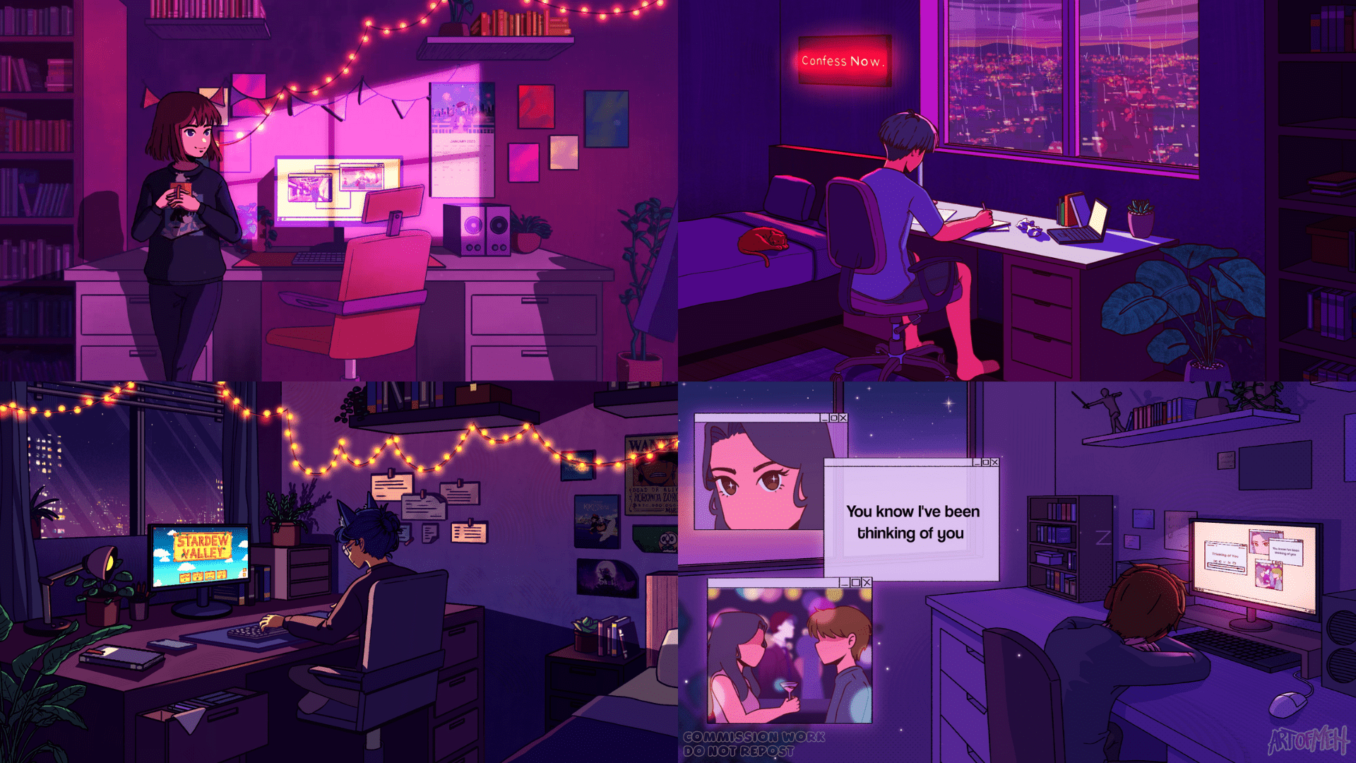 A digital art piece that shows a purple-lit room with a bed, a desk with a computer, and a cat. There are two people in the room, one on the bed and one at the desk. The cat is standing on the desk, looking at the person on the bed. The person at the desk is typing on a computer, and there are two screens open. The screens show a person looking at the camera and a speech bubble that says 