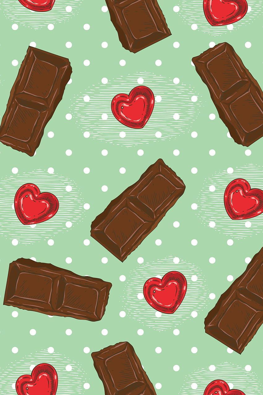 A green background with white polka dots, chocolate bars and red hearts. - Chocolate